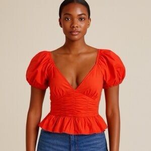 Sim & Sam 100% Cotton Sz M Tomato Red Smocked Puffy Sleeve Crop Top
